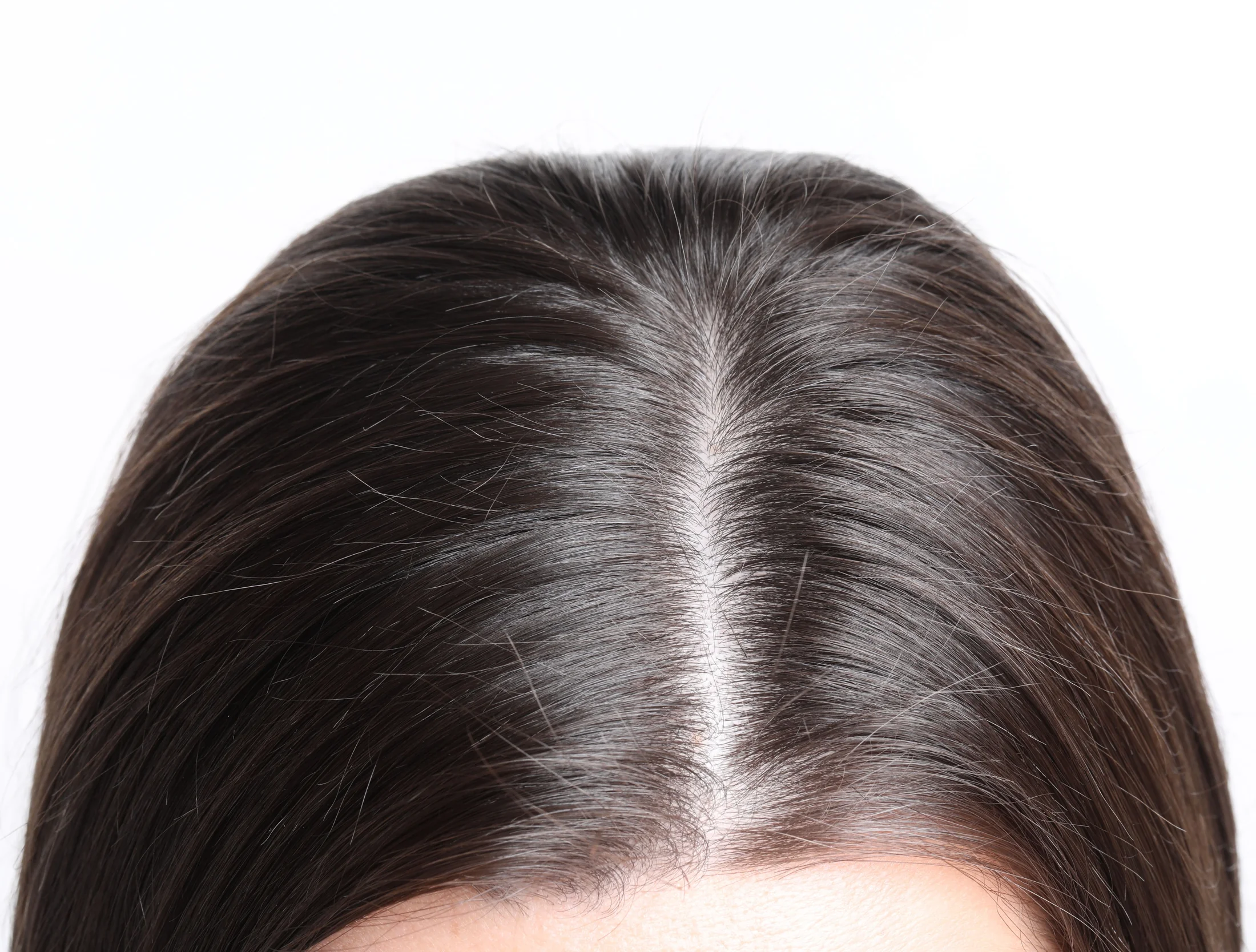Close-up of gray regrowth along the part in brunette hair