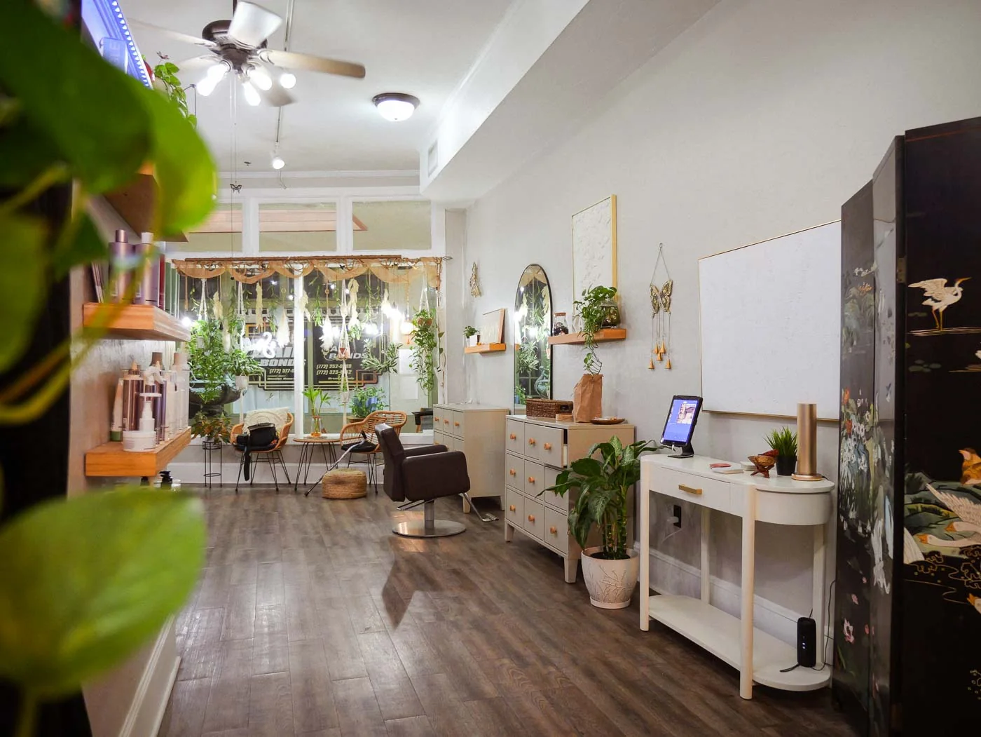 Light-filled salon floor with plants, looking toward the front window